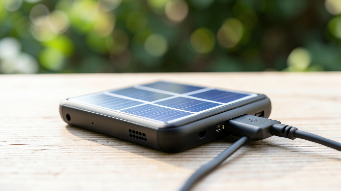 chargeur téléphone solaire parmi les top 5 recommandés en 2025 posé sur une surface en bois