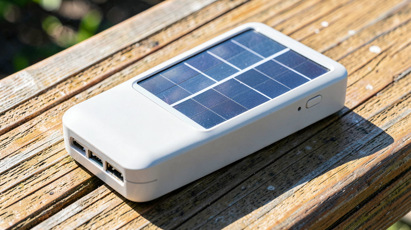 chargeur usb solaire posé sur une table en plein soleil avec panneaux photovoltaïques visibles, illustrant l'optimisation de l'efficacité