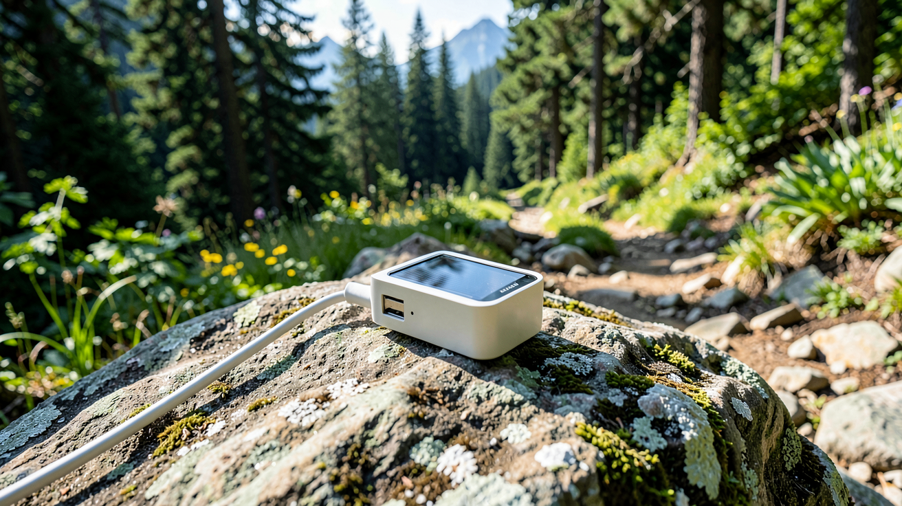 chargeur usb solaire posé sur une pierre au bord d'un sentier de montagne, idéal pour la randonnée en plein air