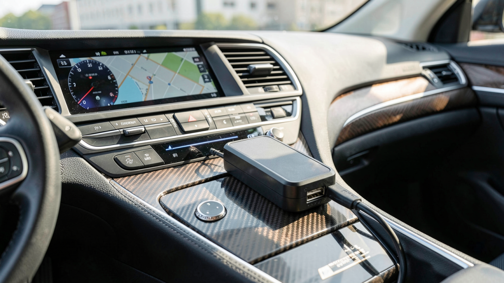 chargeur usb solaire portable posé sur le tableau de bord d'une voiture, capturé en plein jour avec lumière naturelle