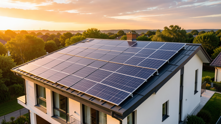 chauffage appoint solaire avec panneaux photovoltaïques installés sur le toit d'une maison moderne