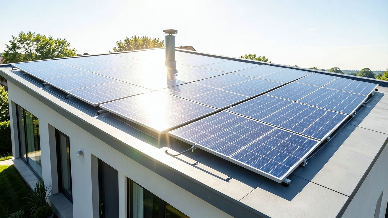 chauffage appoint solaire avec des panneaux thermiques sur le toit d'une maison moderne