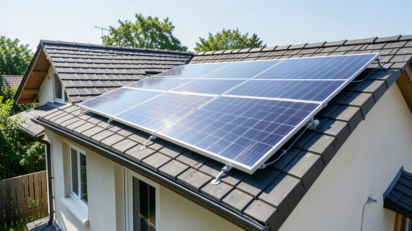chauffage appoint solaire installé sur le toit d'une maison avec panneaux solaires, montrant son usage résidentiel et son efficacité énergétique