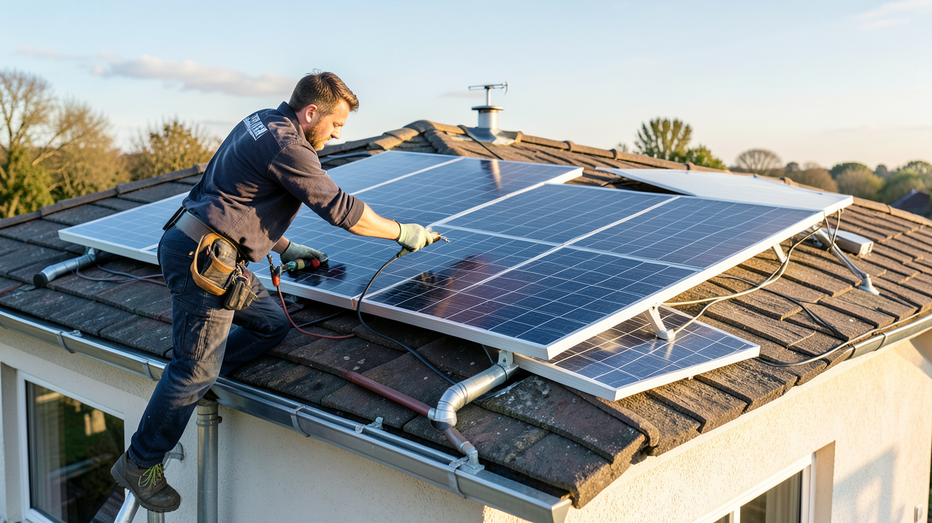 chauffage avec panneau solaire thermique en cours d'installation sur le toit d'une maison