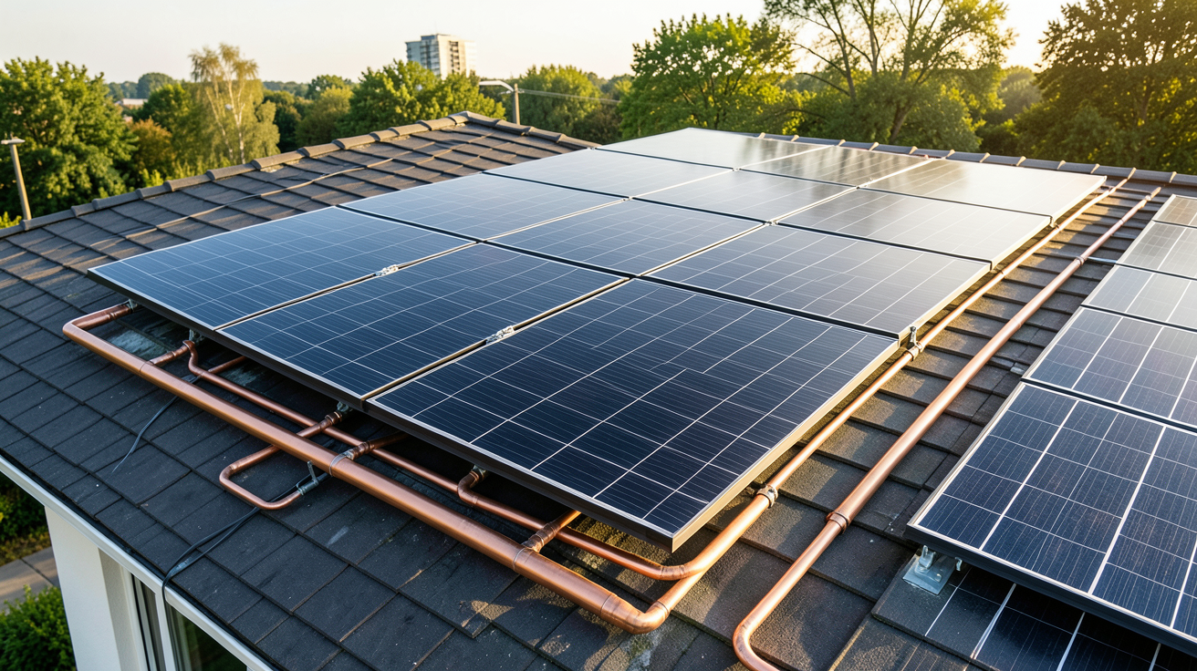 chauffage avec panneau solaire thermique installé sur le toit d'une maison individuelle
