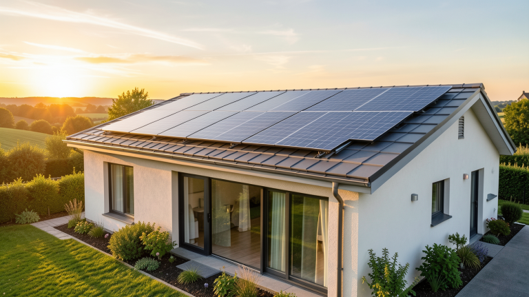 chauffage avec panneau solaire thermique installé sur le toit d'une maison écologique moderne