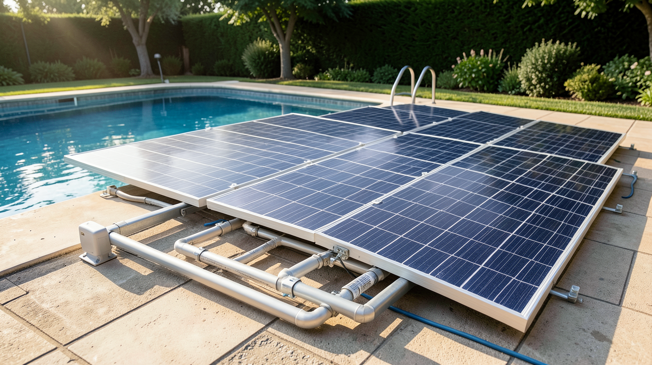 chauffage de piscine solaire : panneaux solaires thermiques posés au sol pour le dimensionnement du système