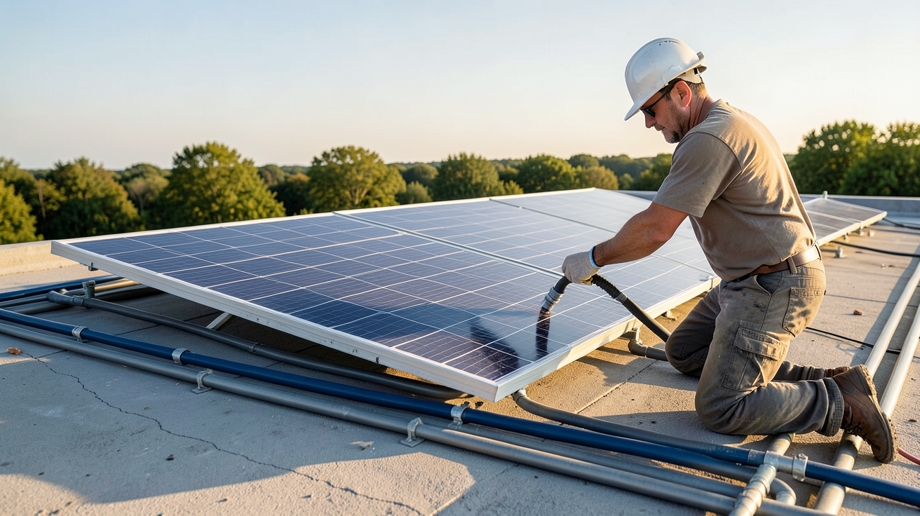 chauffage de piscine solaire installation étape par étape avec panneaux solaires thermiques sur un toit