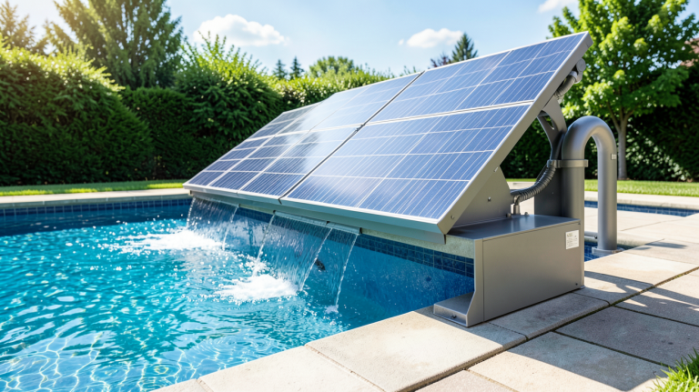 chauffage de piscine solaire installé au bord d'une piscine moderne sous un ciel clair