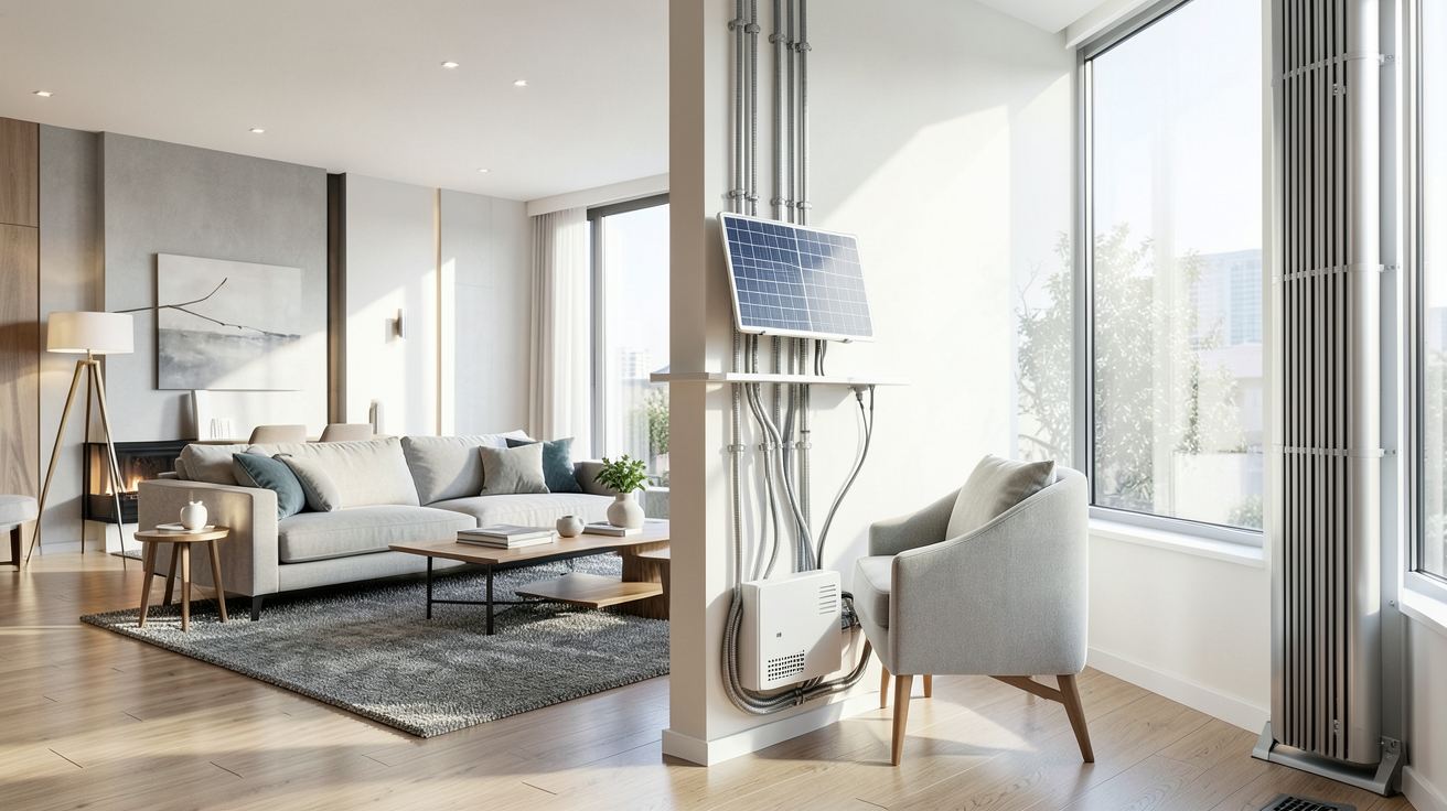 chauffage électrique compatible avec panneaux solaires installé dans un salon moderne