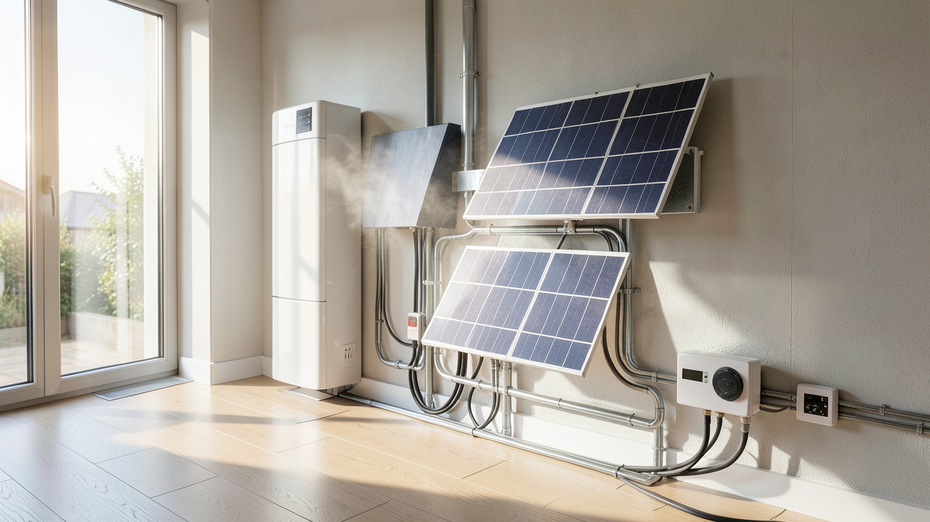 chauffage électrique alimenté par des panneaux solaires illustrant le fonctionnement de conversion du rayonnement en chaleur