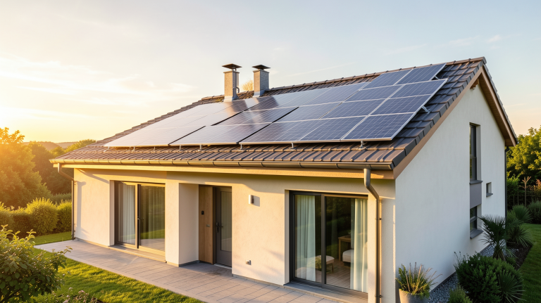 chauffage électrique avec panneaux solaires installés sur le toit d'une maison moderne en été