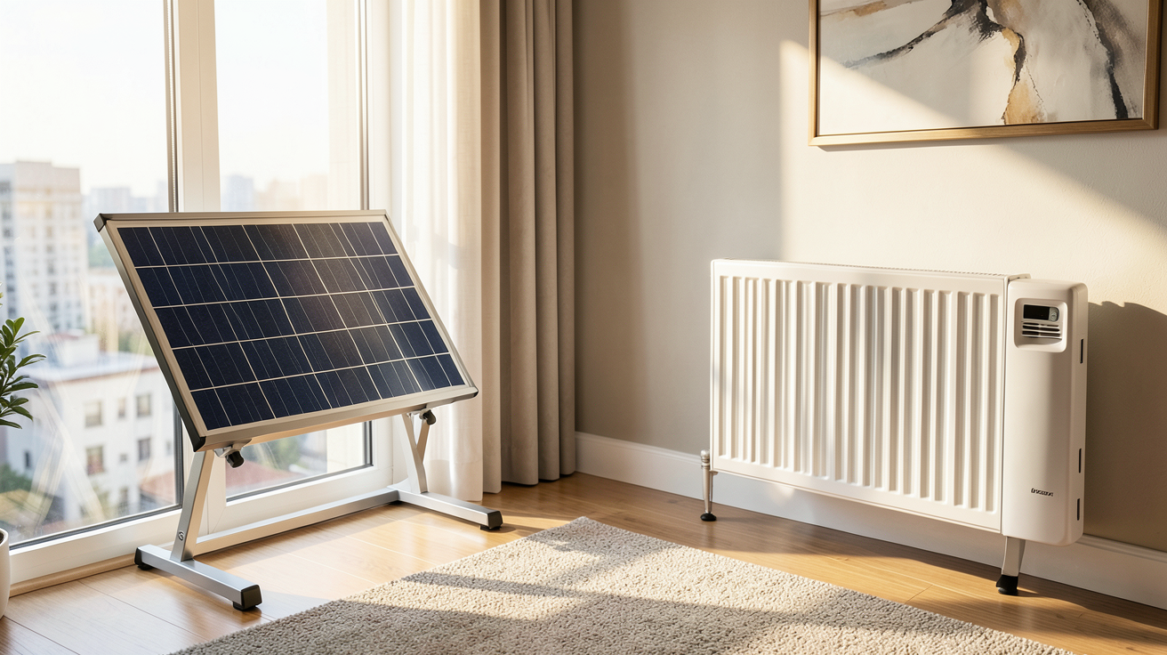 chauffage électrique solaire avec panneaux thermiques et radiateur dans un intérieur moderne