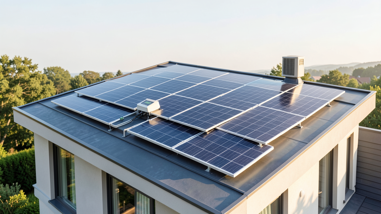 chauffage électrique solaire en cours d'installation sur le toit d'une maison moderne