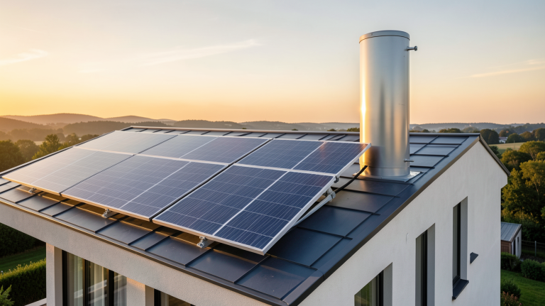 chauffage électrique solaire avec panneaux photovoltaïques et ballon de stockage sur le toit d'une maison contemporaine