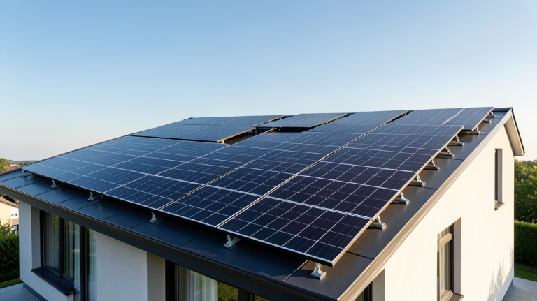 chauffage énergie solaire avec panneaux photovoltaïques et capteurs thermiques sur le toit d'une maison moderne