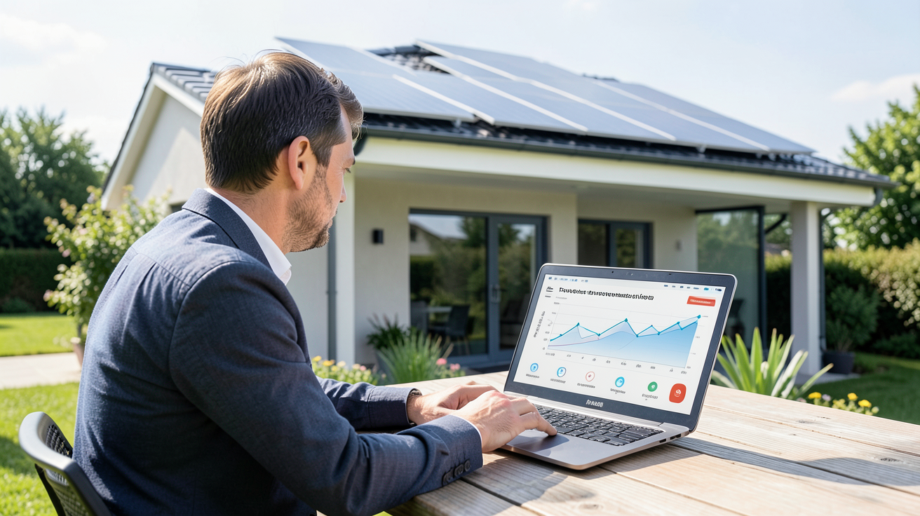 chauffage énergie solaire prix illustré par une maison moderne équipée de panneaux solaires thermiques et un professionnel consulté sur un ordinateur portable affichant des graphiques de retour sur investissement