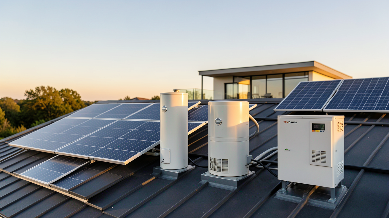 chauffage énergie solaire quatre types principaux : panneaux thermiques plans, capteurs à tubes sous vide, chauffe-eau solaire individuel et système hybride solaire-électrique installés sur un toit moderne
