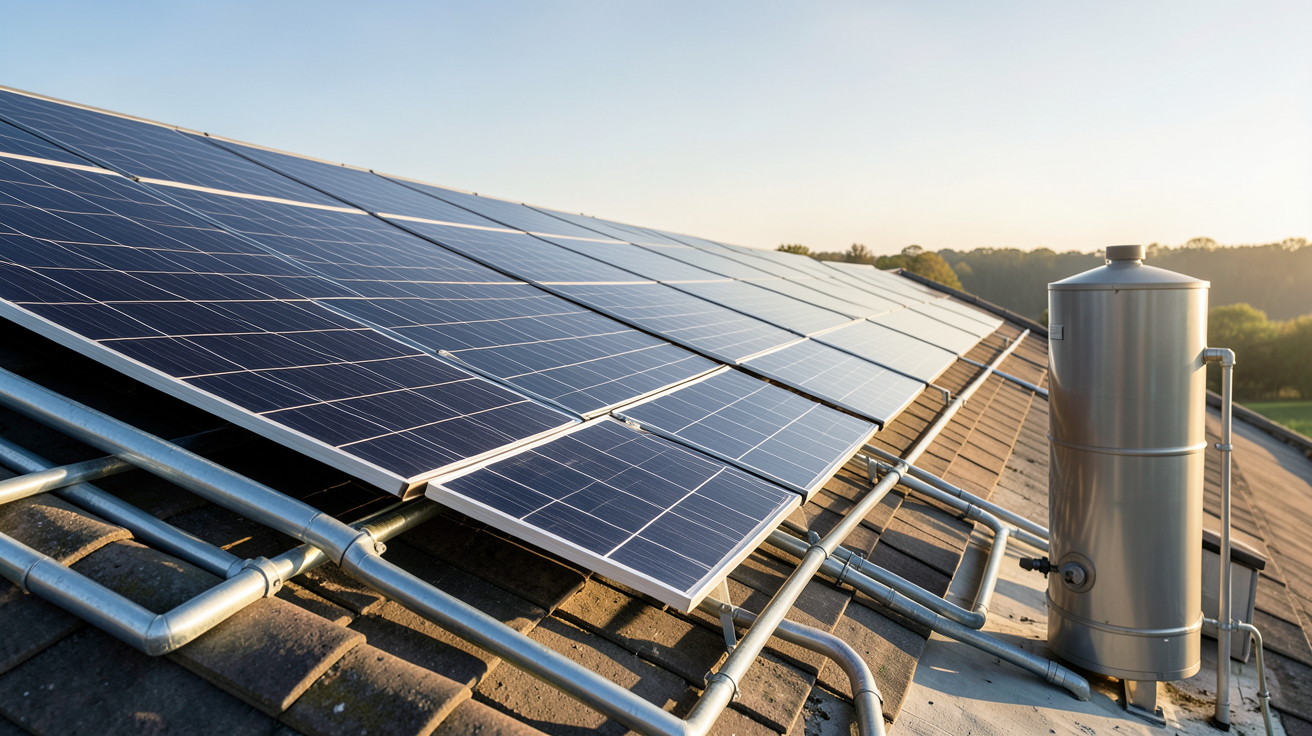 chauffage par panneau solaire montrant le principe de fonctionnement avec des panneaux sur un toit et un ballon de stockage