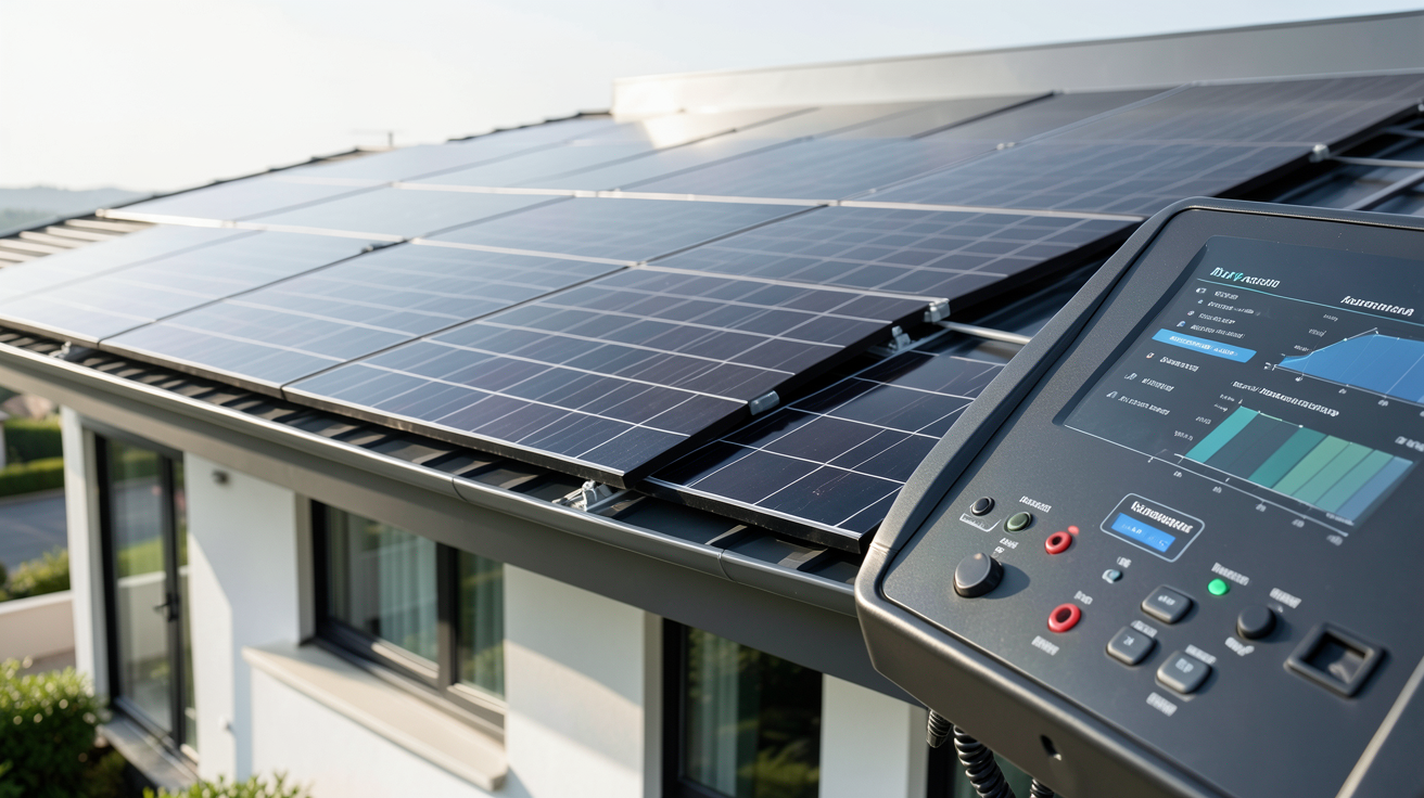 chauffage photovoltaïque installé sur le toit d'une maison moderne avec panneaux solaires noirs