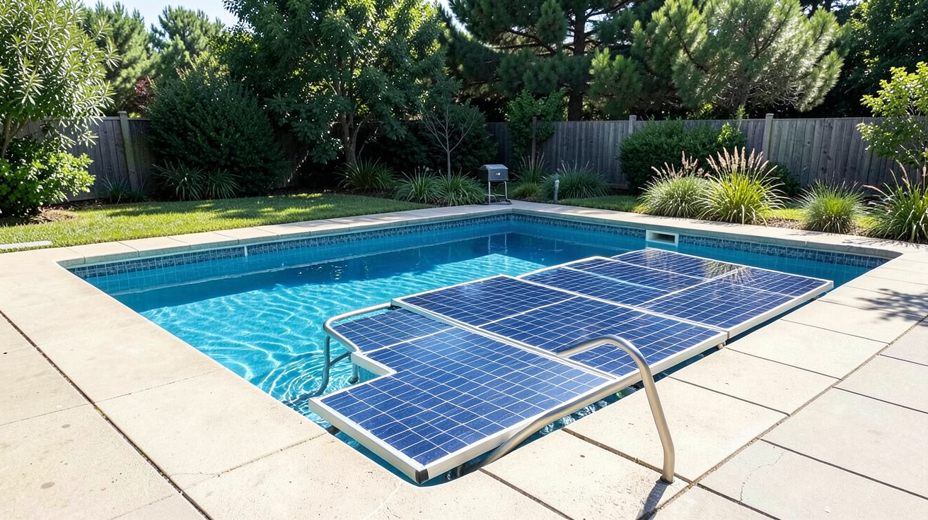 chauffage piscine panneau solaire photographié en situation réelle, illustration de l'article