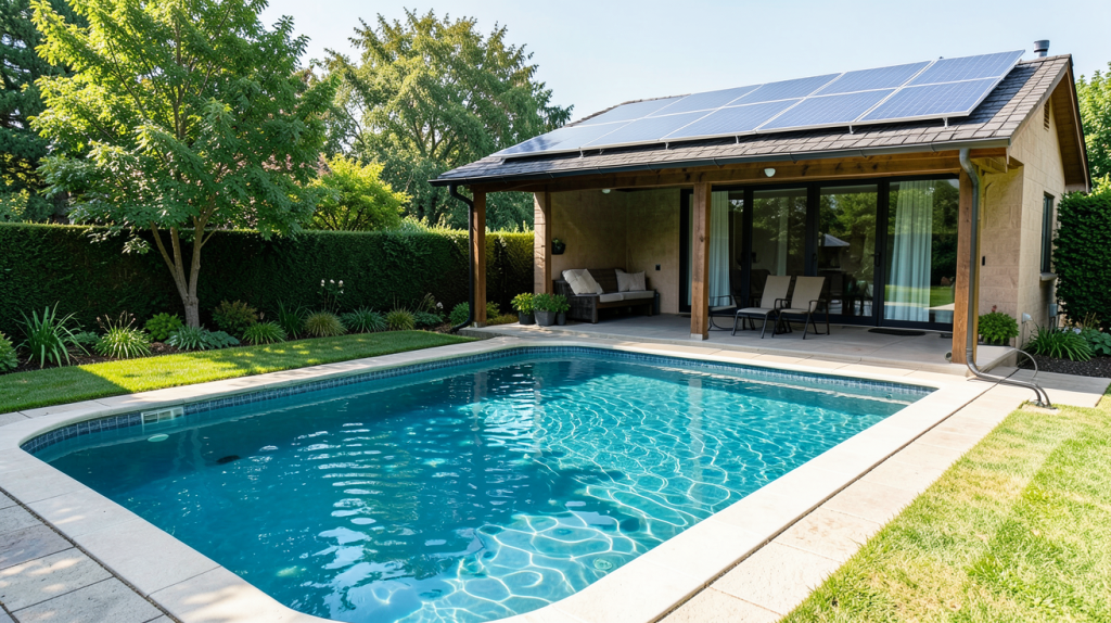 chauffage piscine panneau solaire installé près d'une piscine extérieure sous un ciel bleu