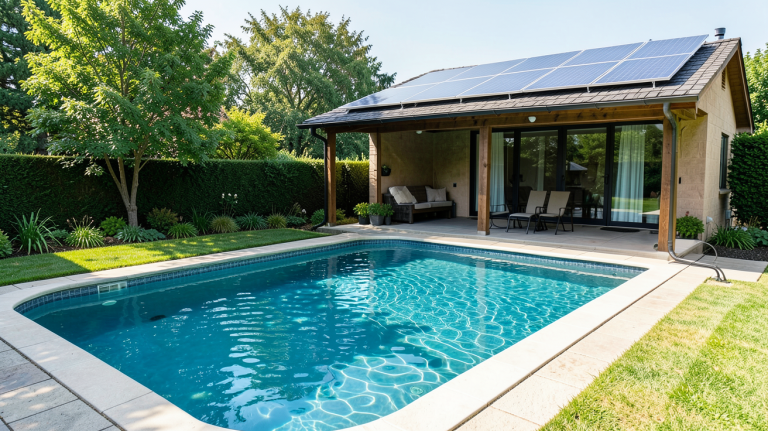 chauffage piscine panneau solaire installé près d'une piscine extérieure sous un ciel bleu