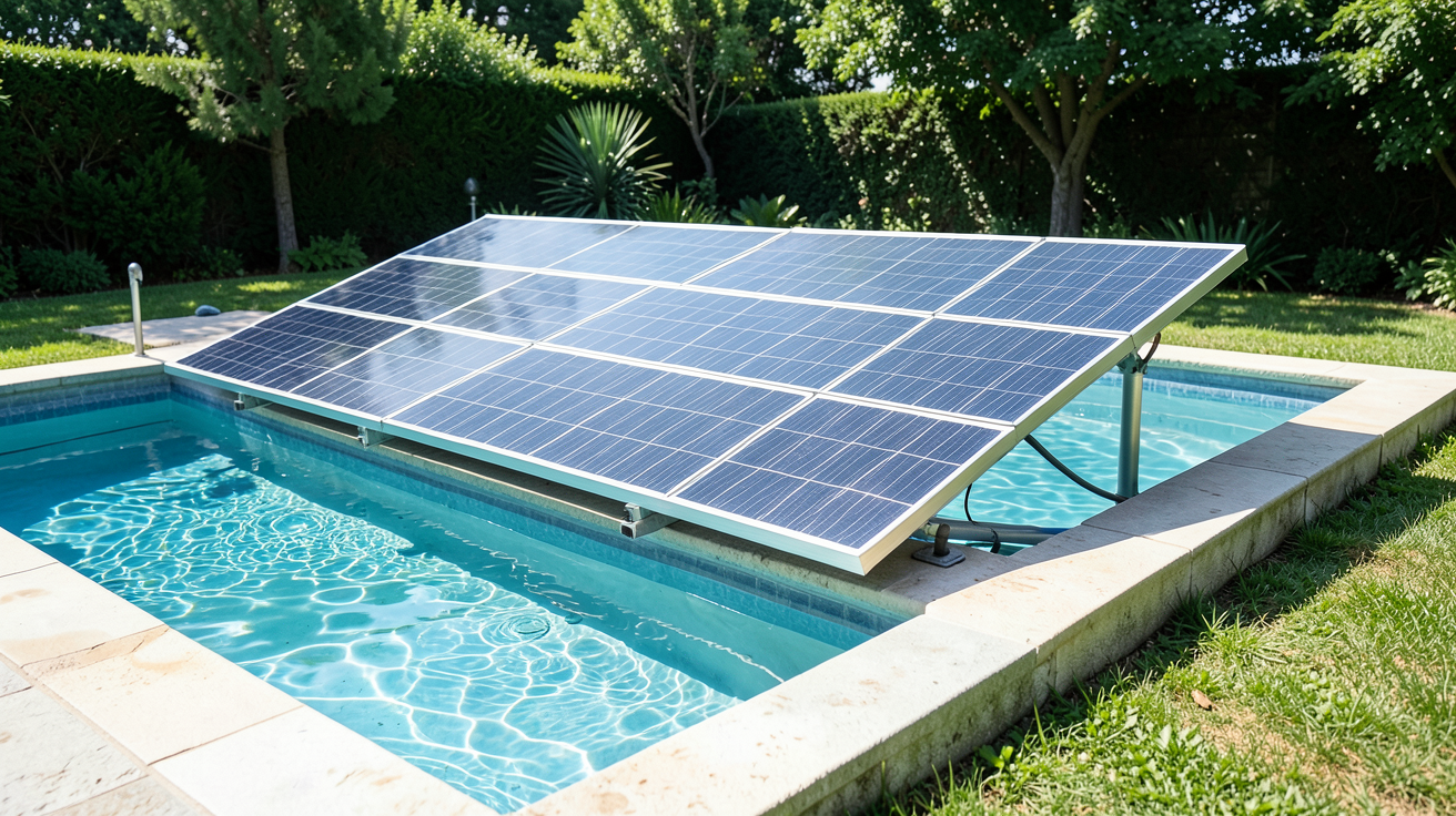 chauffage piscine panneau solaire photographié en situation réelle, illustration de l'article