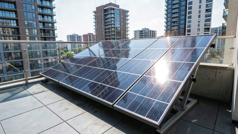chauffage solaire installé sur un balcon d'appartement en milieu urbain