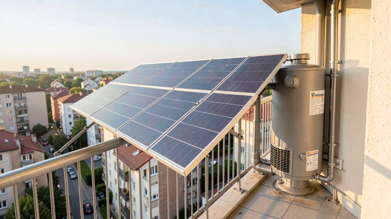 chauffage solaire installé sur le balcon d'un appartement en ville avec panneaux thermiques modernes