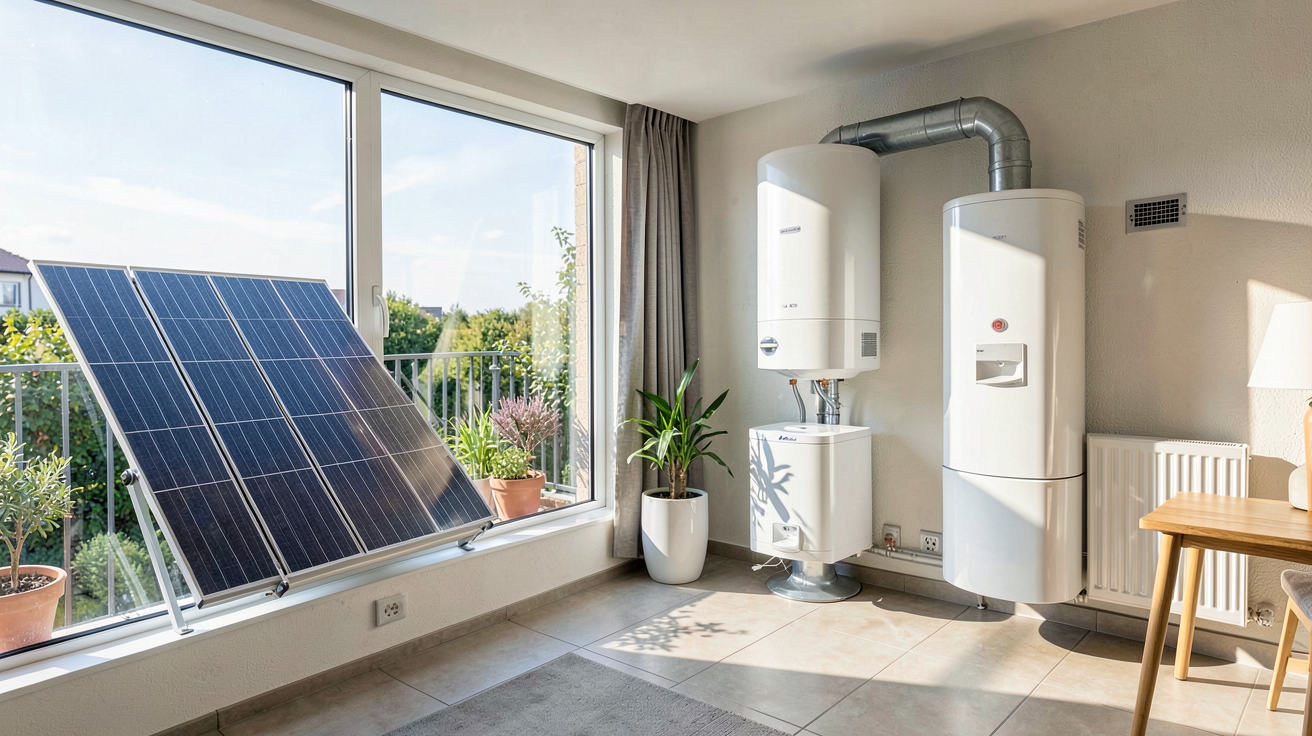 chauffage solaire appartement avec panneaux thermiques sur balcon et chauffe-eau solaire intégré