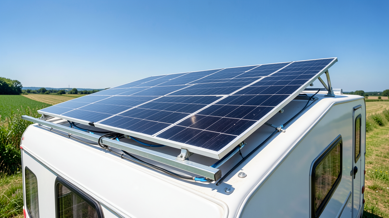 chauffage solaire pour camping-car avec kit de panneaux photovoltaïques installés sur le toit