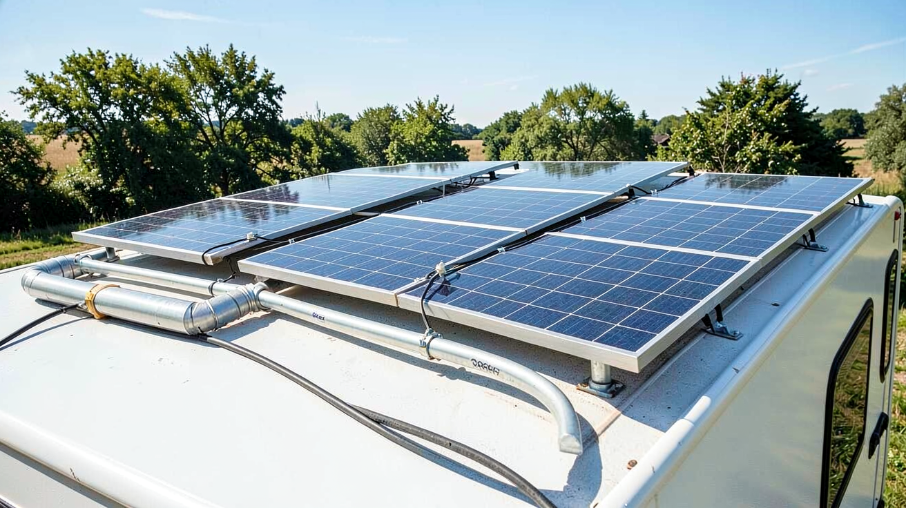 chauffage solaire camping installé sur le toit d'un camping-car