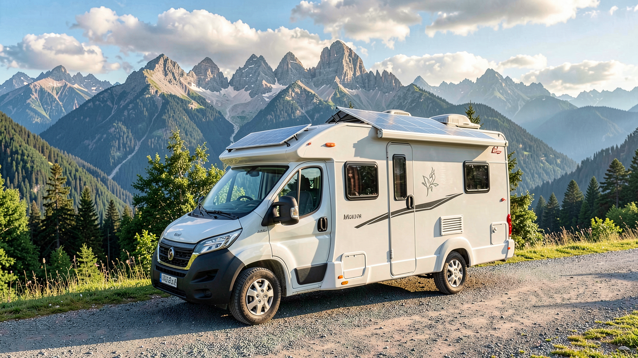chauffage solaire camping avec panneaux solaires installés sur le toit d'un camping-car