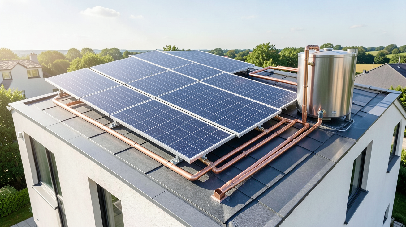 chauffage solaire d appoint maison système de capteurs thermiques sur le toit d'une maison contemporaine