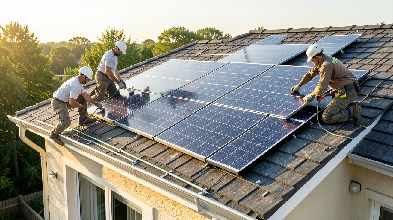 chauffage solaire d appoint maison installation d'un système solaire d'appoint sur le toit d'une maison, montrant les panneaux et le raccordement, éclairage naturel et haute résolution