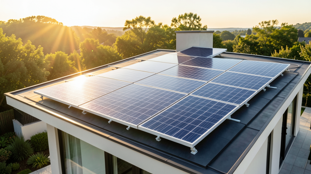 chauffage solaire d appoint maison installé sur la toiture d'une habitation moderne sous un soleil radieux