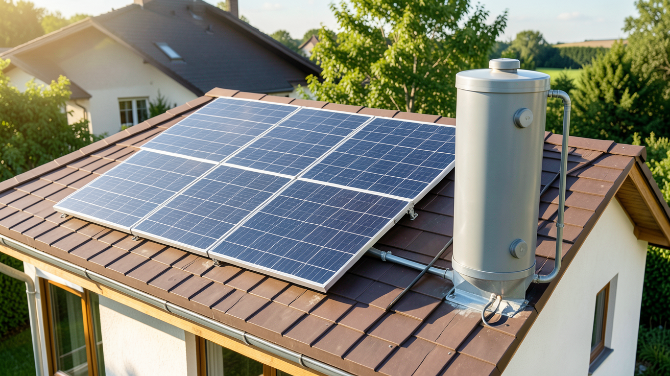 chauffage solaire d appoint maison système solaire d'appoint avec panneaux thermiques sur le toit et ballon de stockage, capturé en haute résolution sous lumière naturelle.
