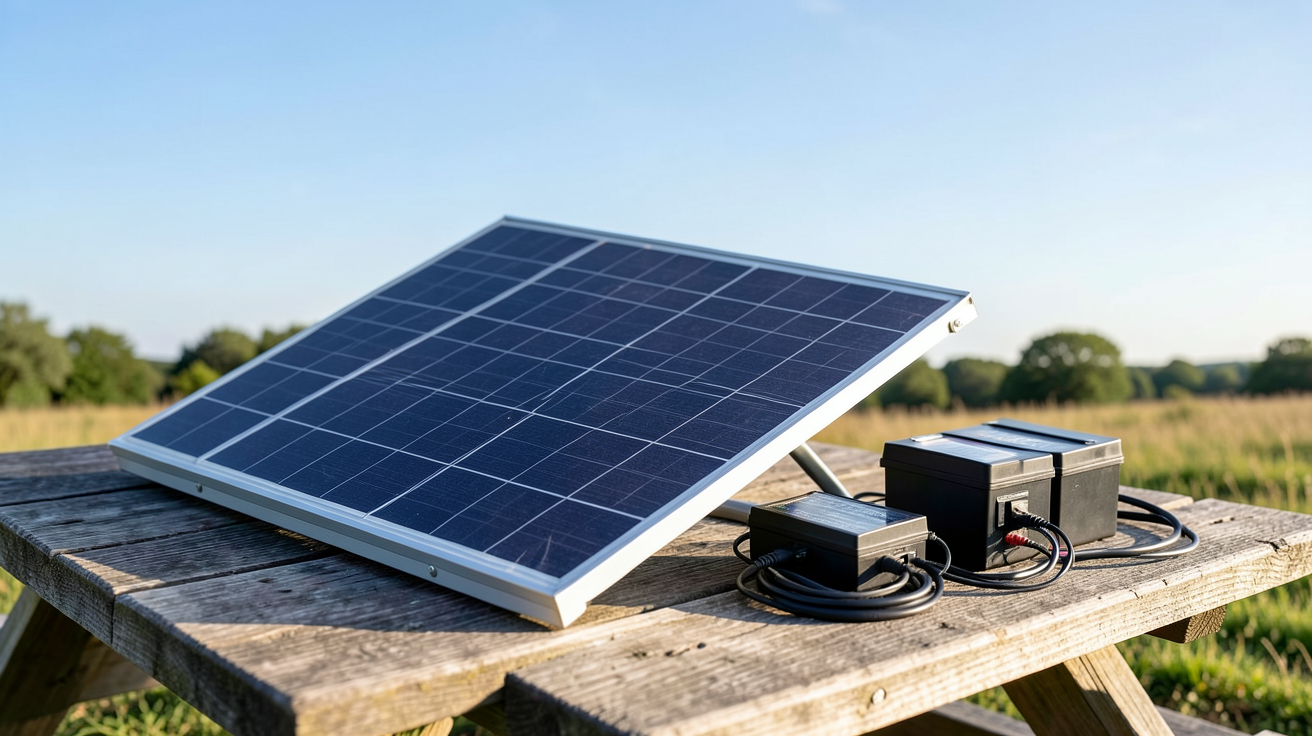 chauffage solaire d'appoint camping kit de chauffage solaire posé sur une table en bois avec panneau photovoltaïque