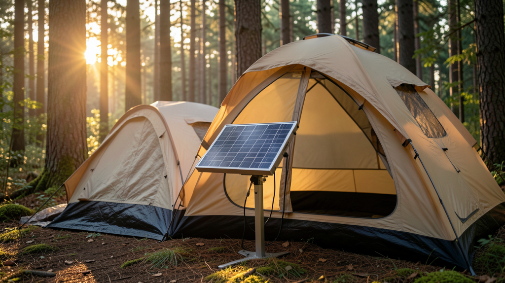 chauffage solaire d'appoint installé dans une tente de camping en forêt avec lumière naturelle