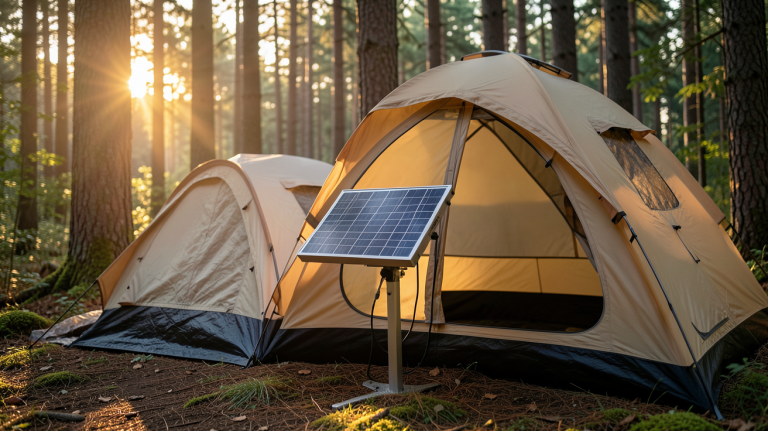 chauffage solaire d'appoint installé dans une tente de camping en forêt avec lumière naturelle