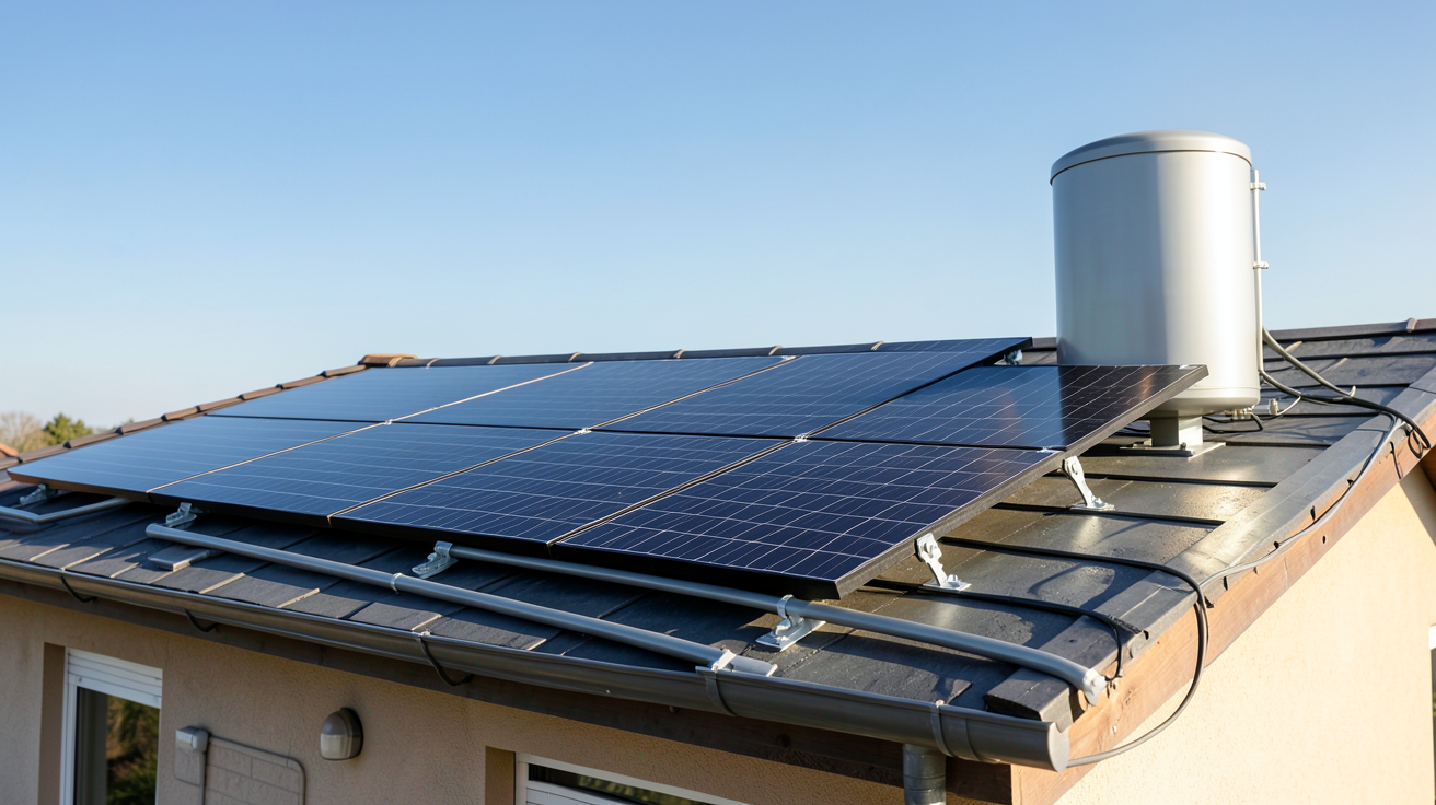 chauffage solaire maison avec panneaux thermiques sur toit et ballon de stockage, installation éligible aux aides financières