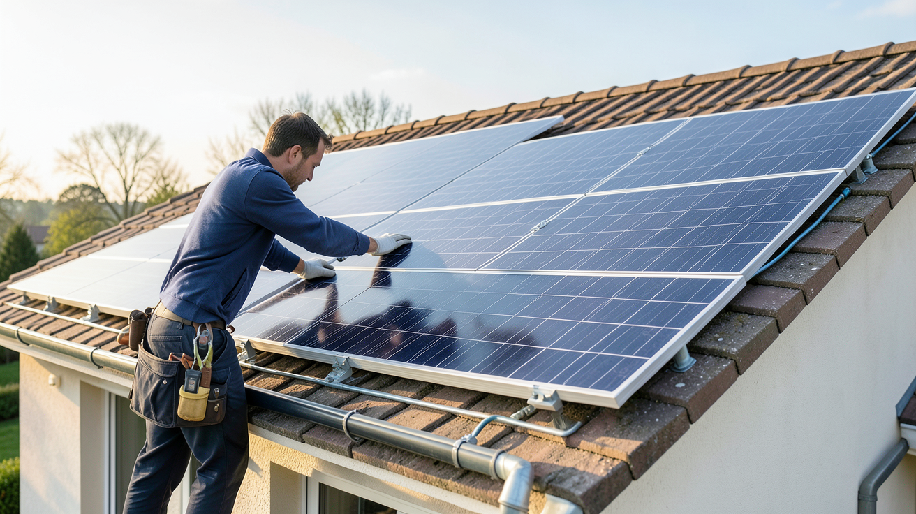 chauffage solaire maison : technicien installant des panneaux solaires thermiques sur le toit d'une maison individuelle