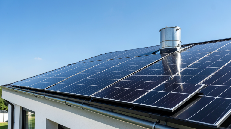 chauffage solaire maison avec panneaux thermiques installés sur le toit d'une résidence contemporaine