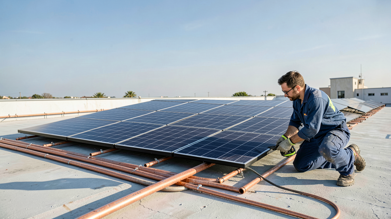 chauffage solaire piscine sur toit avec installation étape par étape montrant des panneaux solaires thermiques et un technicien en action