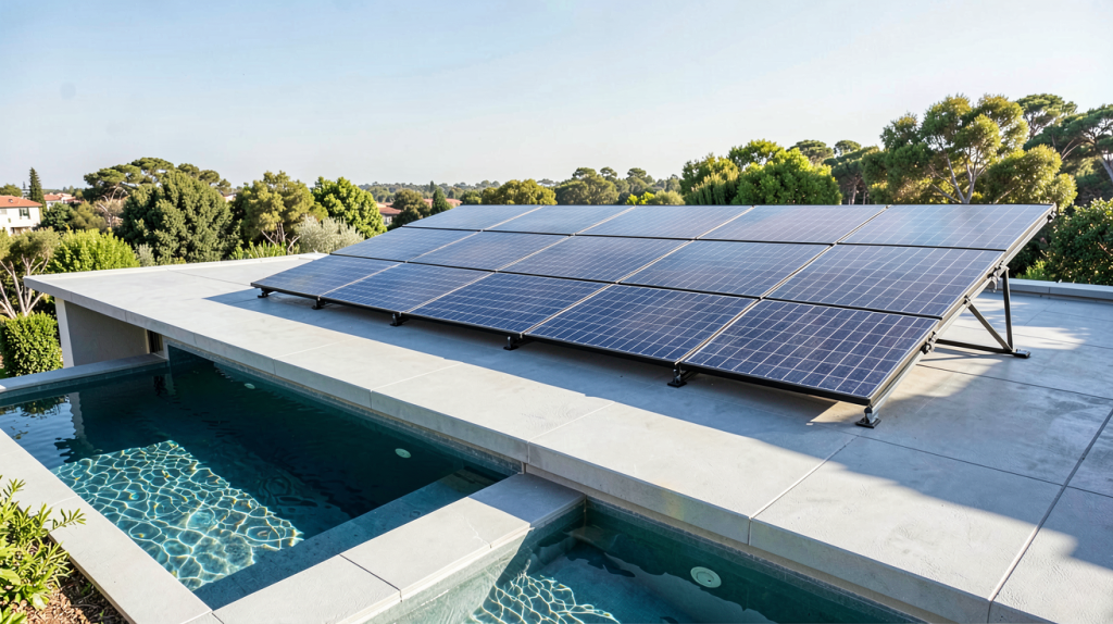 chauffage solaire piscine sur toit installé sur le toit d'une maison moderne avec vue sur la piscine
