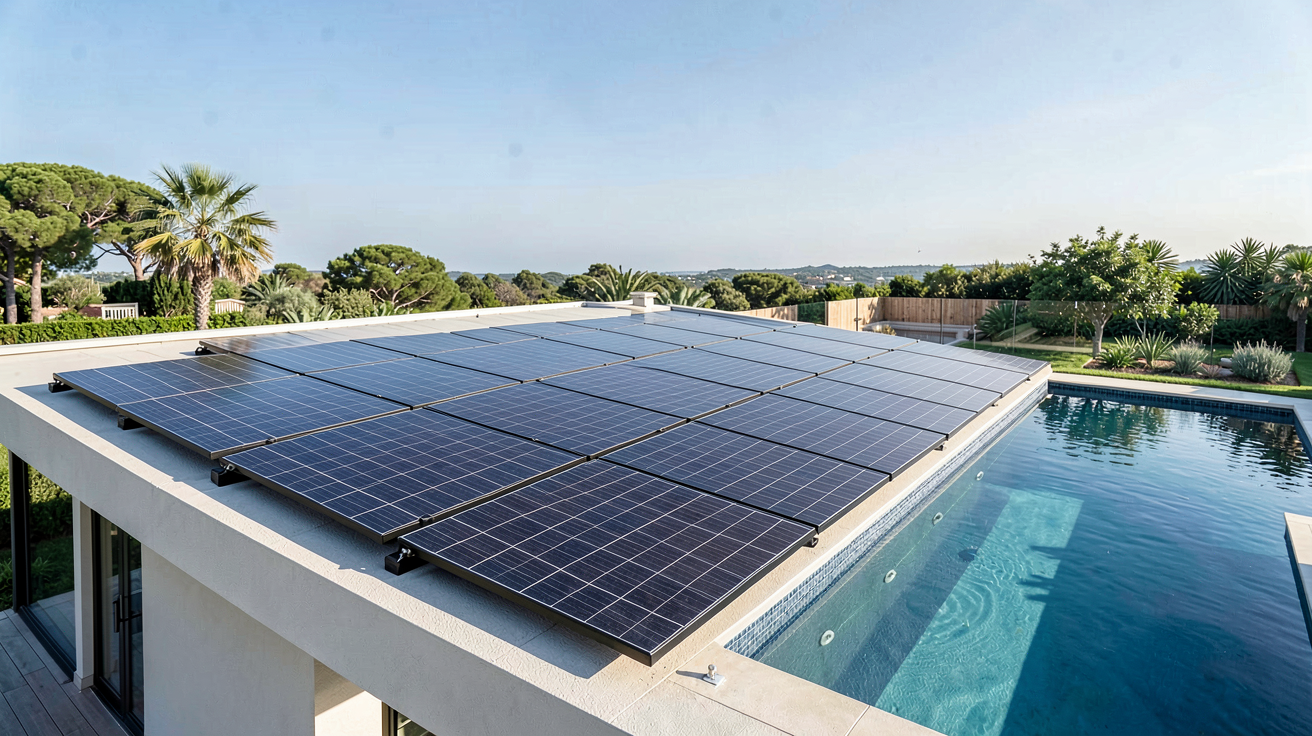 chauffage solaire pour piscine installé sur le toit d'une maison moderne avec des panneaux thermiques noirs