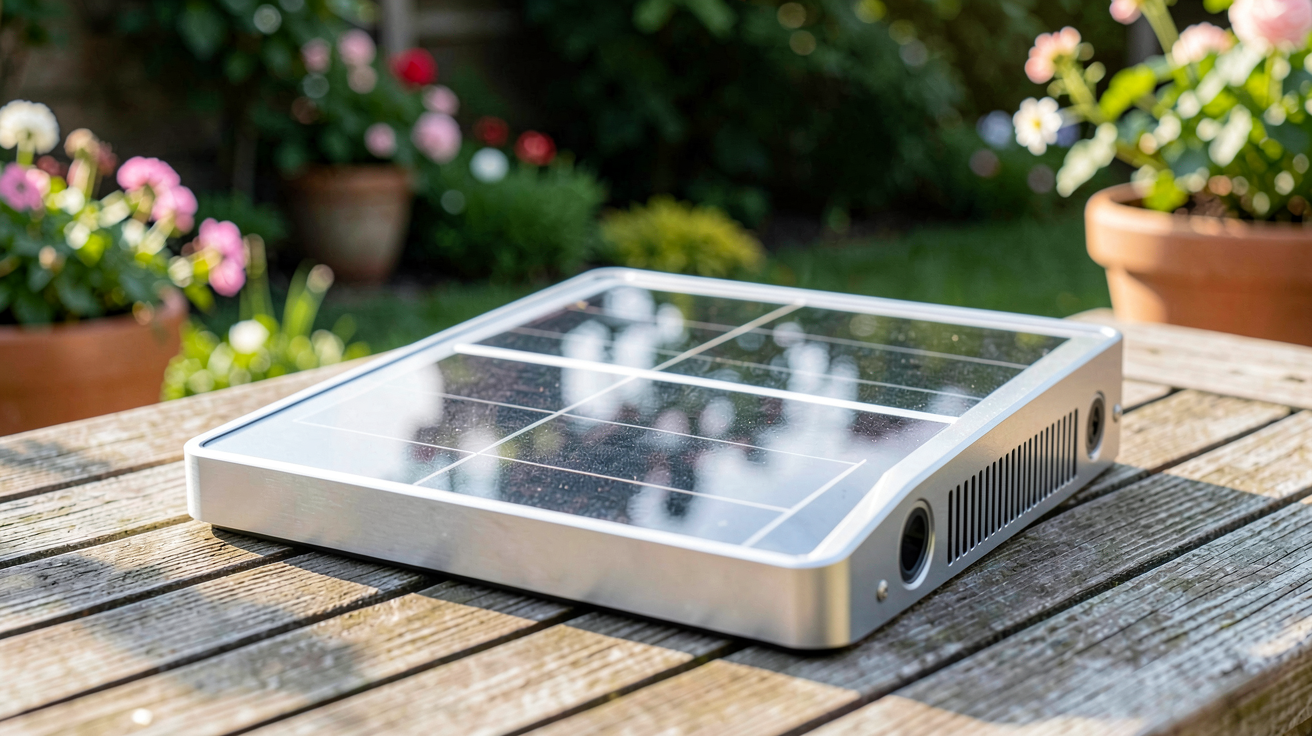 chauffage solaire portable compact posé sur une terrasse en bois avec des panneaux solaires