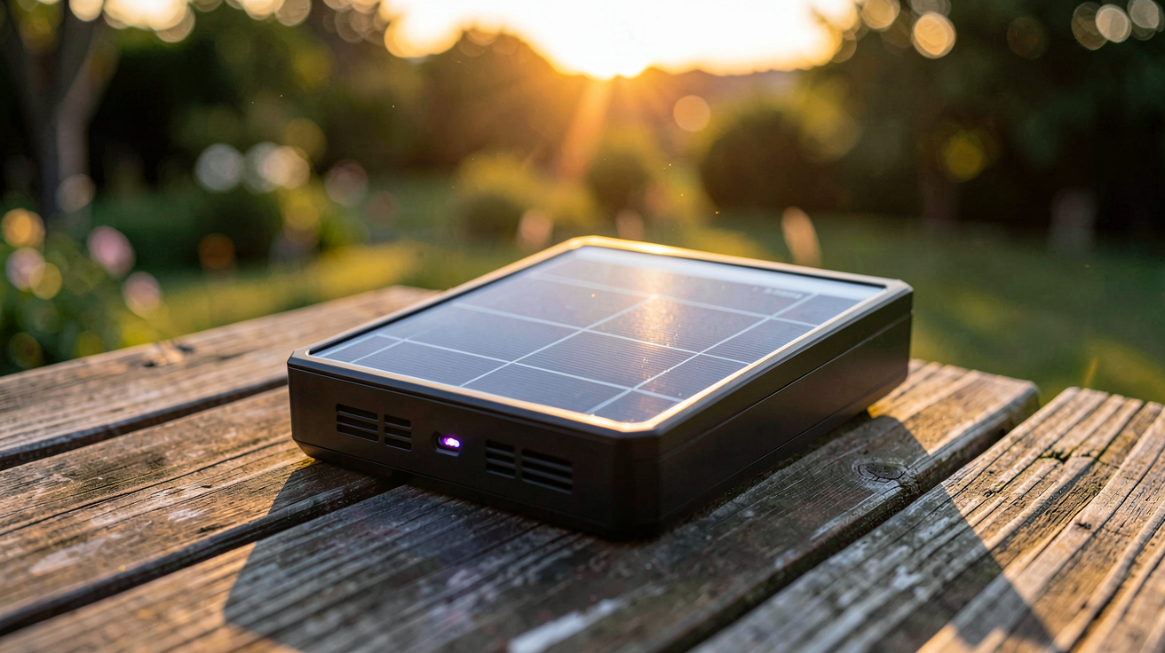 chauffage solaire portable compact posé sur une table en bois extérieur au coucher du soleil