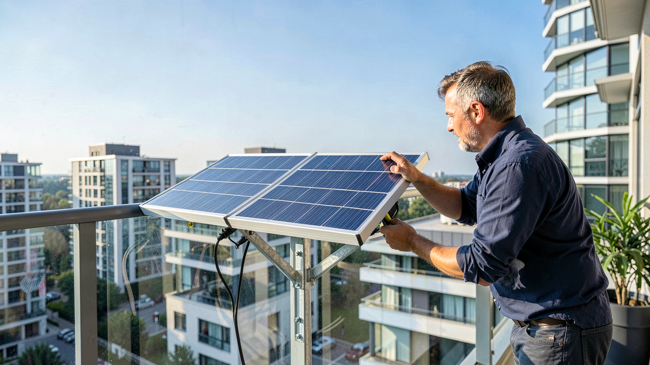 chauffage solaire portable en cours d'installation sur un balcon urbain avec une personne en train de fixer les panneaux